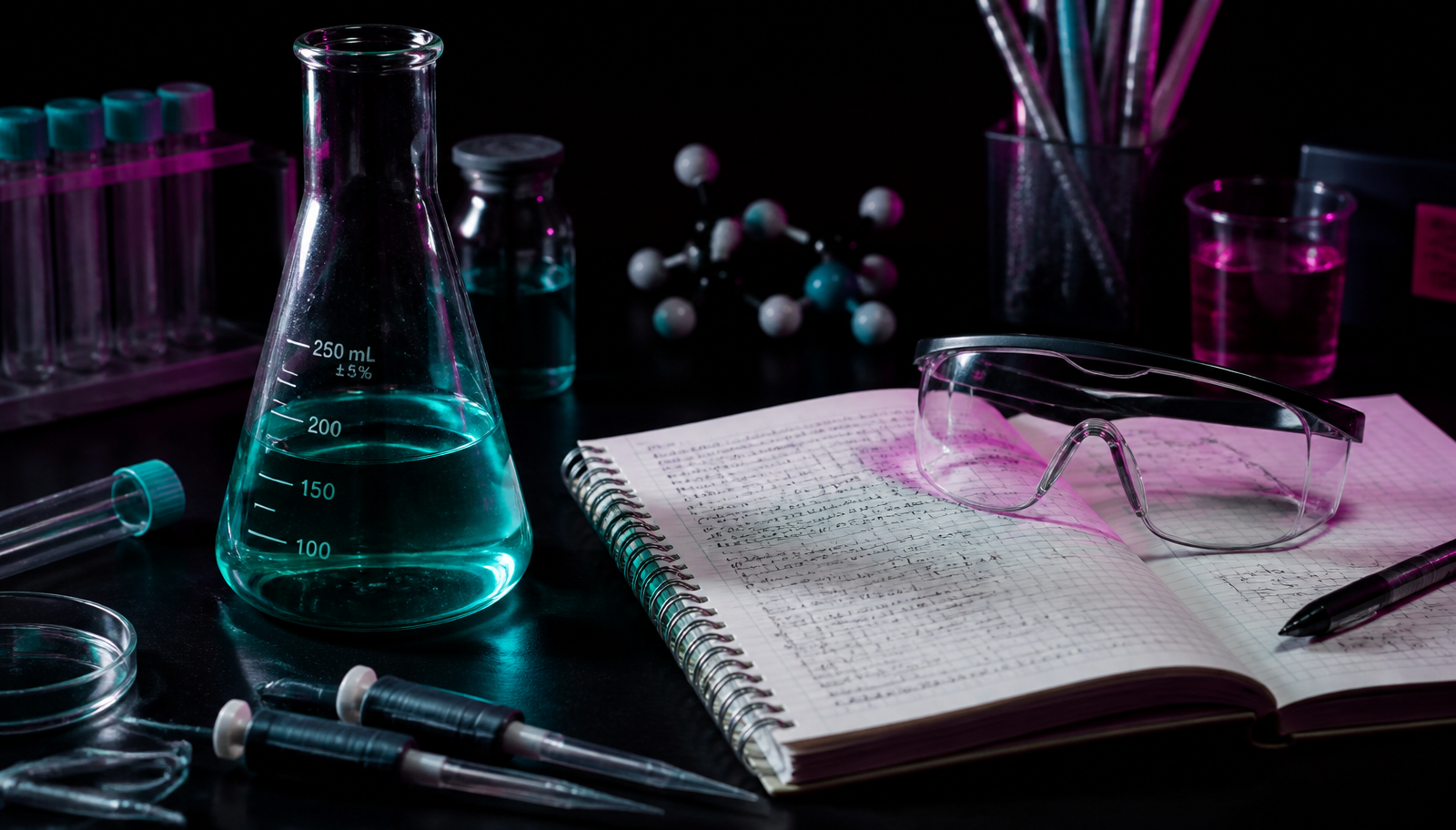 Lab bench still life with a flask, notebook, safety goggles, and lab tools