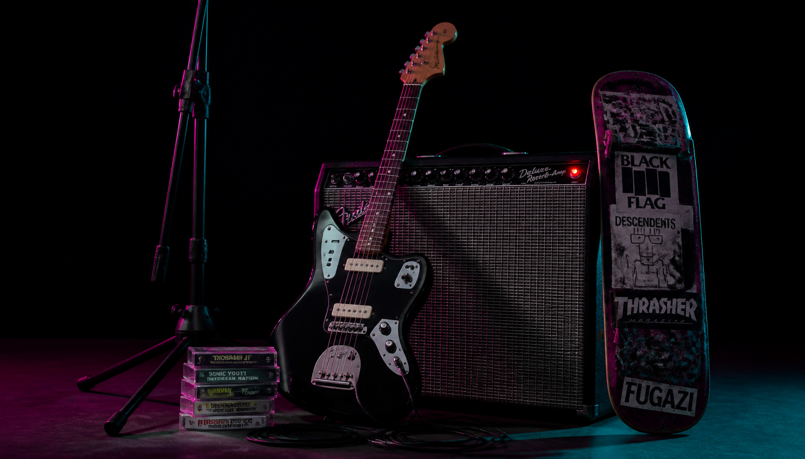 Guitar leaning on an amplifier with a mic stand, cassette tapes, and a skateboard deck