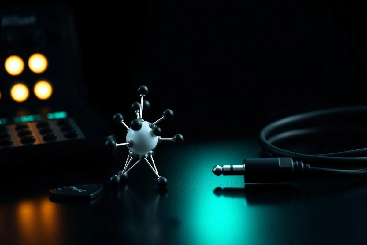 Molecular model on a studio desk beside an audio cable