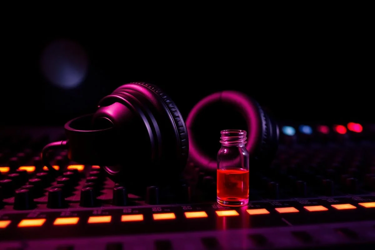 Headphones and a small sample vial on a lit mixing board