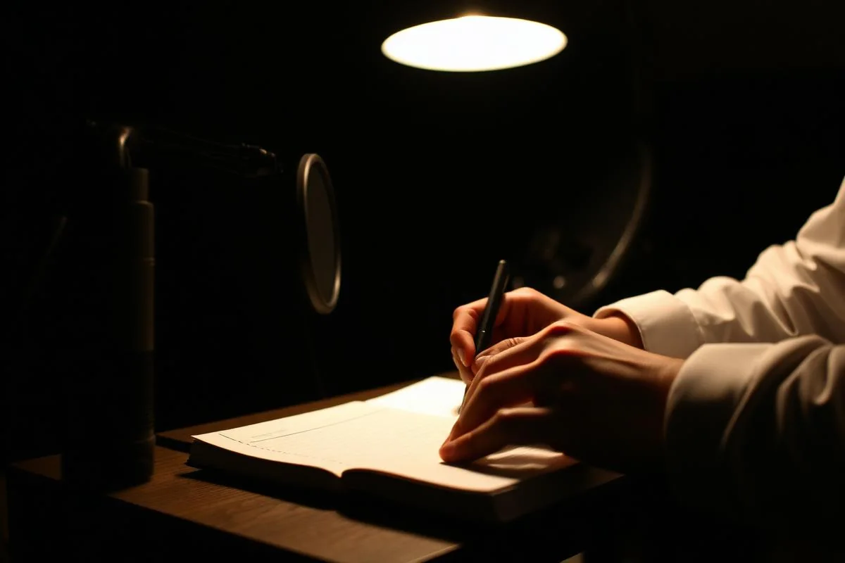 Hands writing show notes under a warm studio lamp