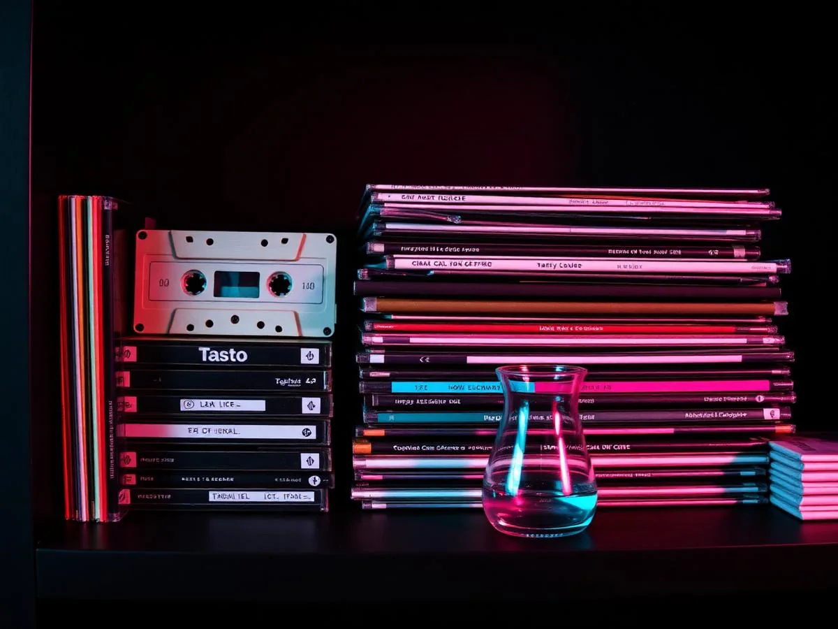 Shelf of cassette tapes and records beside studio gear