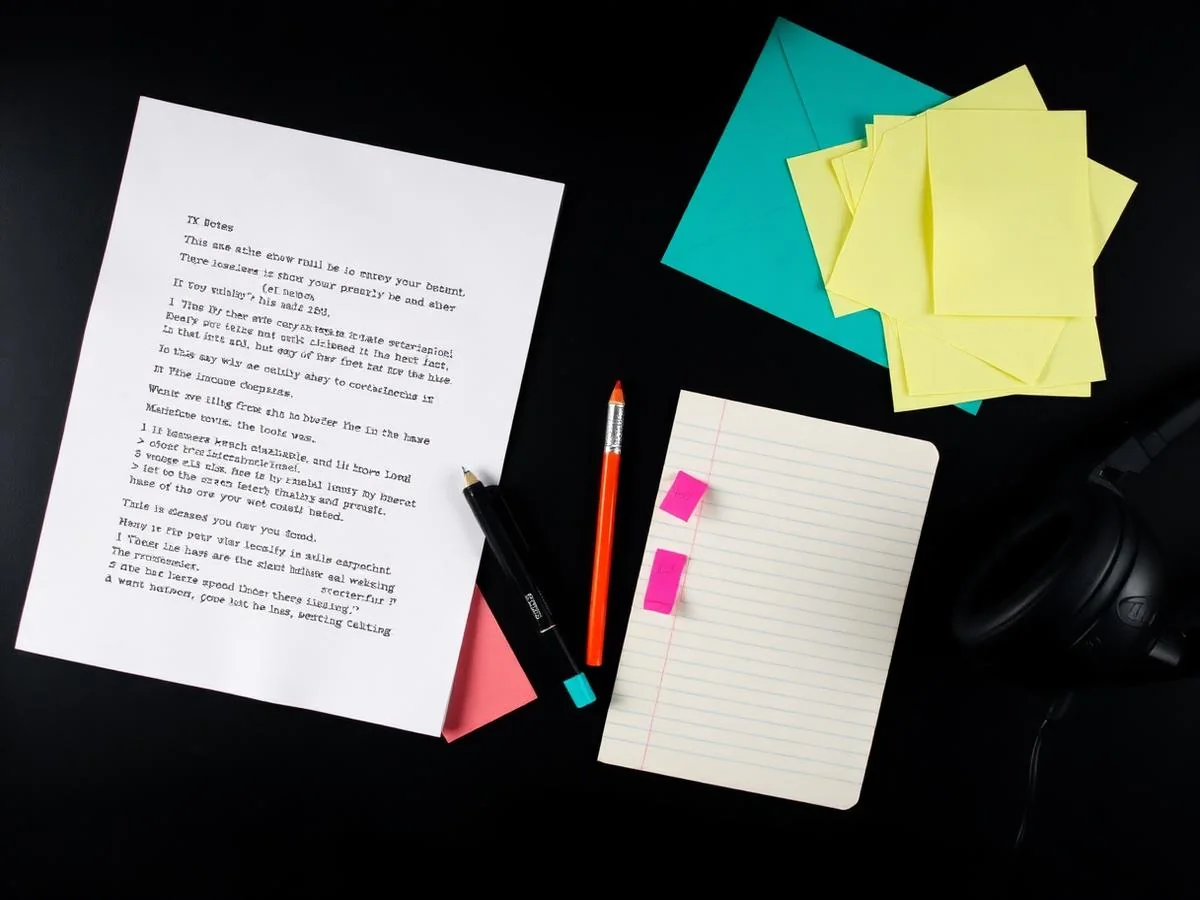 Handwritten show notes and headphones on a studio desk
