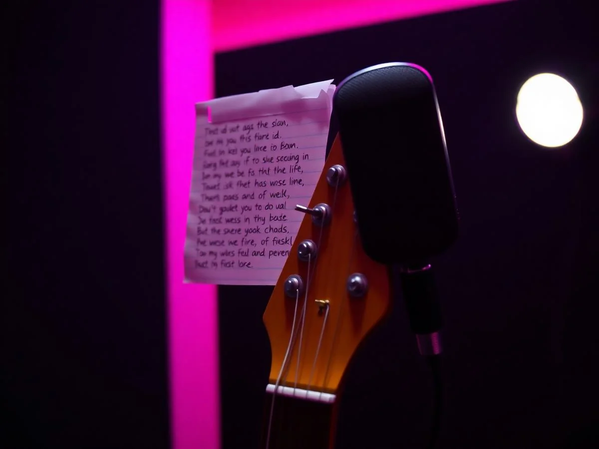 Electric guitar and microphone in a dark recording booth