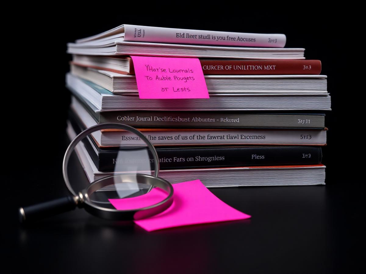 Stack of scientific journals with a magnifying glass on a dark desk