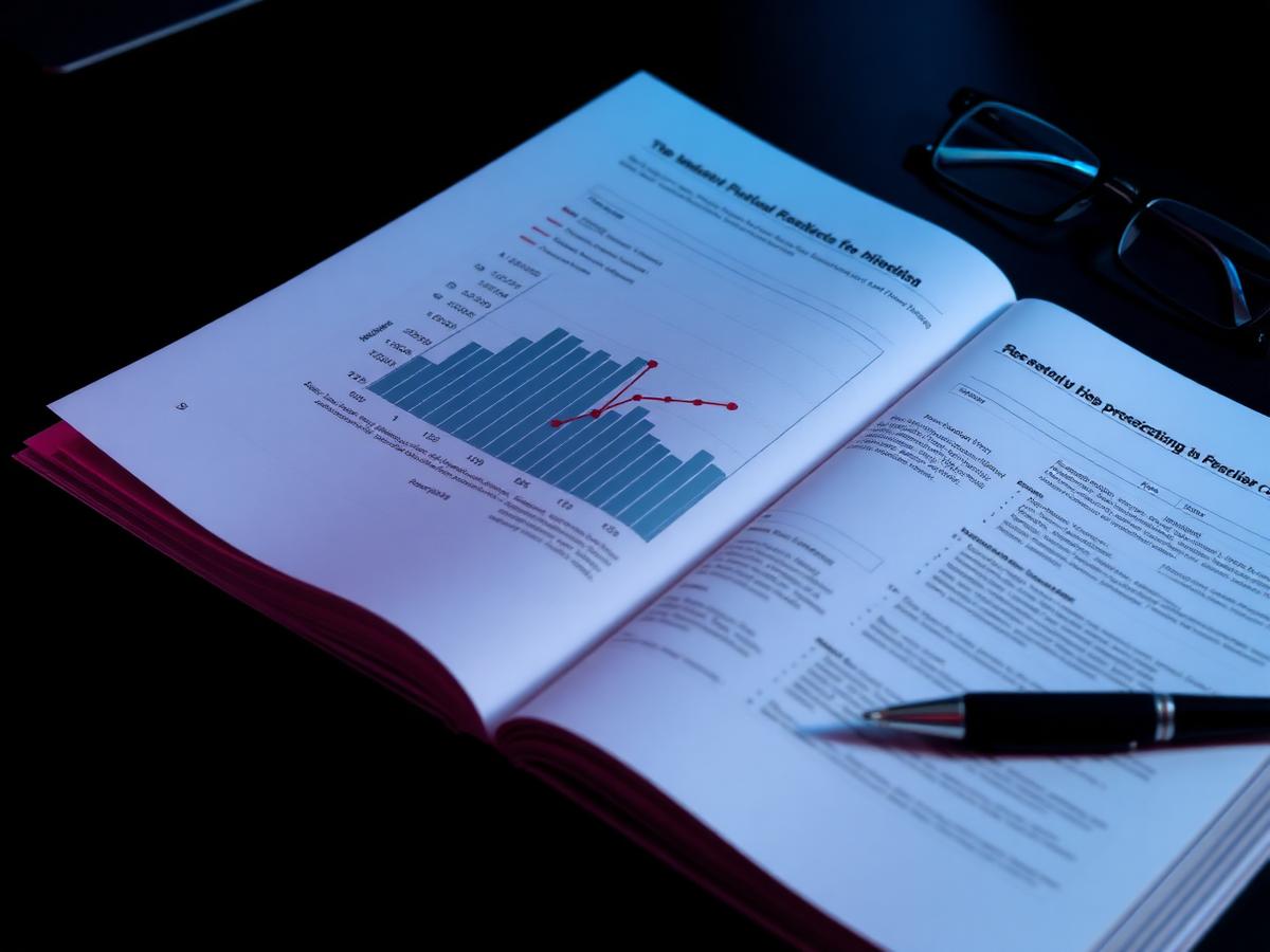 Research paper open to a printed graph beside a pen and glasses